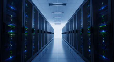 Fototapeta premium Modern Data Center Server Room with Glowing Racks