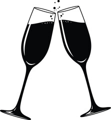 Minimalist Black and White Illustration of Two Champagne Glasses Clinking with Rising Bubbles — Symbol of Celebration, Toasting, and Festive Occasions