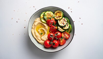 healthy vegan bowl with hummus grilled zucchini fresh cucumber bell peppers and cherry tomatoes n colorful plant based lunch or snack top view on white background