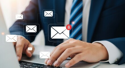 Business professional typing on laptop with email notification icons. Executive working with digital message alerts in office. Modern workspace with email badge overlay on screen.