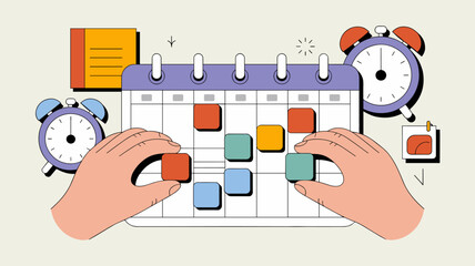planner's hands organizing a schedule on a calendar with clocks vector illustration, time management, calendar blocking and productivity planning