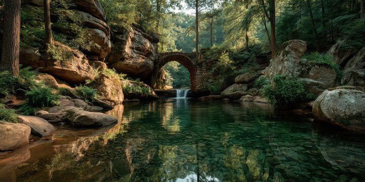 Enjoying nature at a tranquil river under a stone bridge surrounded by lush greenery in a peaceful forest setting