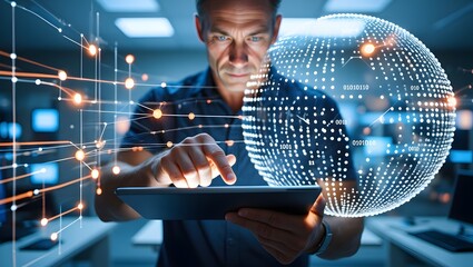 Internet network connection, digital technology, big data, digital marketing IoT internet of things. Woman using mobile phone and digital tablet surfing internet, innovative technology background