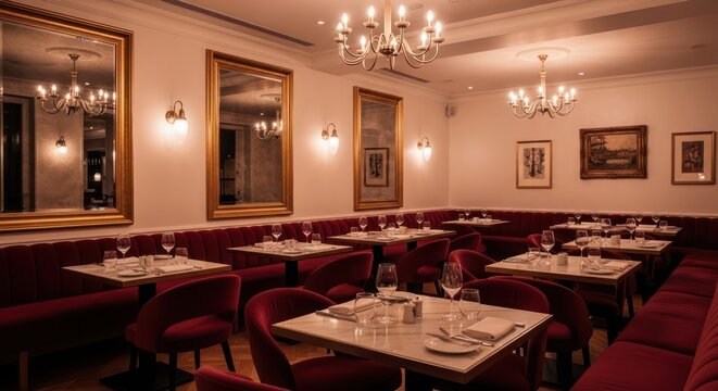 Elegant dining room featuring velvet seating mirrored walls and sophisticated ambiance ideal