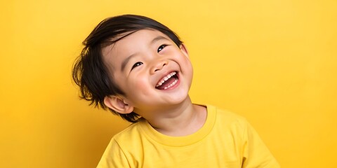 Adorable Asian Toddler's Contagious Smile: A Close-Up Portrait of a Happy Child's Pure Joy and Laughter in a Vibrant Yellow T-shirt on a Simple Background