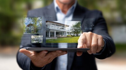  Businessman holding a tablet with a virtual hologram of a modern house, a real estate concept. The man is showing a photo and a presentation of a home interior on a digital screen. 