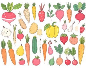 Colorful collection of hand-drawn vegetables and fruits