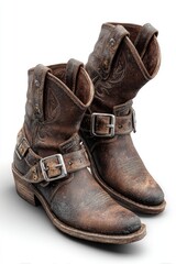 Pair of distressed brown leather cowboy boots
