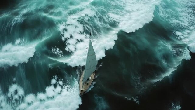 Sailing yacht navigating tumultuous ocean waves
