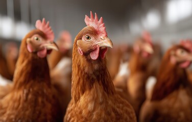 Individuality shines among a flock of chickens in an industrial farm, showcasing unique features in a serene environment