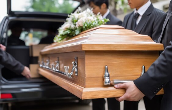 Funeral directors transporting a wooden coffin into a black hearse during a solemn ceremony with heartfelt emotions