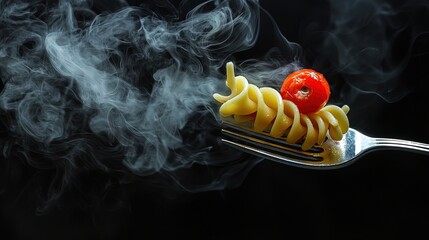 Spiral pasta with a cherry tomato, held on a fork, surrounded by steam.