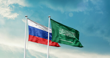 Pakistan and Saudi Arabia friendship flags are waving in the sky. Two country flag for agreement or deal. Pakistan KSA national flag for commitment.