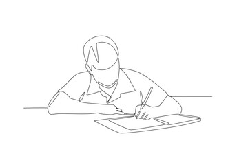 Male students doing homework. Student homework concept one-line drawing