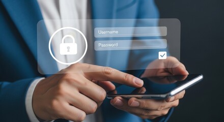 Person in a blue suit interacting with a smartphone login interface. Digital security concept with authentication form overlay. Modern tech illustration of password protection.