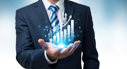 Futuristic business hologram with ascending bar graphs and arrows. Digital innovation concept with blue and white holographic growth. Modern corporate success visualization.