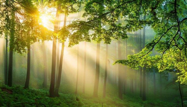 vibrant sunlit misty forest canopy with green leaves backdrop