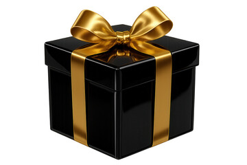 Obraz premium Sleek black gift box adorned with golden ribbon, symbolizing luxury and elegance against transparent backdrop, highlighting festive gifting moments