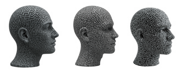 Three artificial intelligence head profiles show a complex maze pattern representing problem solving and innovation isolated on transparent background