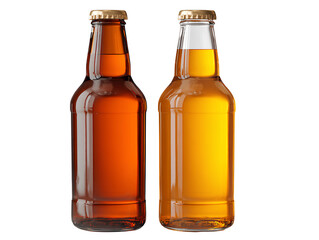 Classic Glass Bottle of Beer and Apple Vinegar with Golden Hue, Side-by-Side Front View Isolated on White Background