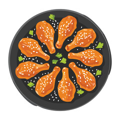 Fried Dumplings with Sesame Seeds on Plate - Vector Illustration