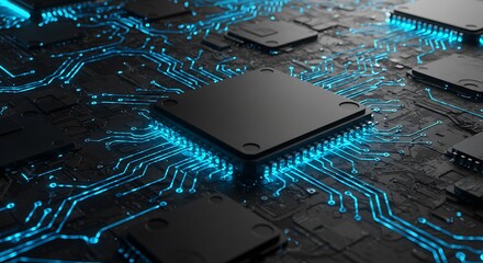 High-tech circuit board with a central processor chip, illuminated with glowing blue lines.