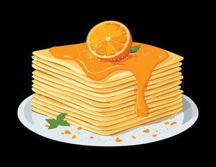 Pancakes With Orange Sauce and Mint Leaf - Vector Illustration