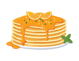Stack of Pancakes With Orange Syrup Sauce - Vector Illustration