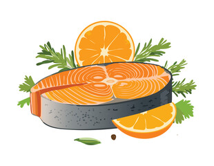 Raw Salmon Steak with Orange and Garnish - Vector Illustration