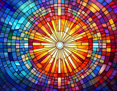 radiant stained glass sunburst pattern with vibrant geometric colors - Powered by Adobe