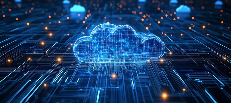 A cloud computing network connecting multiple data centers through glowing circuits 