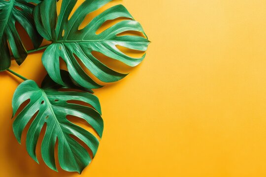 Tropical plant monstera leaves on yellow art background. Minimal nature summer banner with copy space for text. Flat lay. Top view