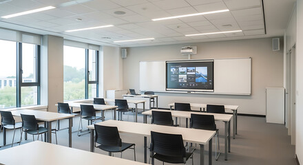 Bright classroom with white tables and black chairs facing a smart board and projector screen setup ai generated