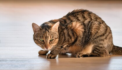 a weak tabby cat crouching on a light wooden floor eyes slightly closed and dull as if in pain