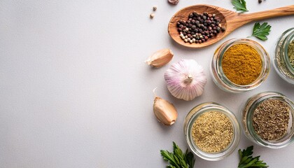 assorted spices in glass jars and wooden spoon with herbs and garlic on light background flat lay composition with copy space culinary ingredients and cooking concept design for banner poster