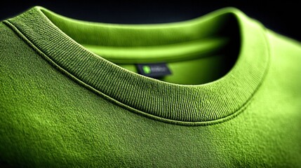 Close-up of a vibrant green t-shirt collar, showcasing its texture