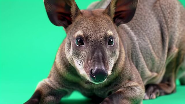 Rare Okapi (Okapia johnstoni) Close-Up Portrait on Vibrant Green Studio Background, Capturing Unique Facial Features and Large Ears