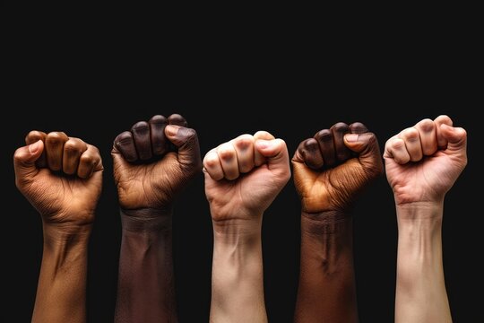 A row of raised fists in different skin tones, symbolizing unity and diversity against a black background. A concept for Black History Month.