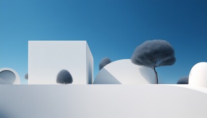 abstract landscape with textured white buildings and trees against blue sky minimalist surreal composition dreamlike scenery