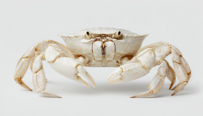Rare albino crab with delicate translucent shell and claws, isolated on a pristine white background
