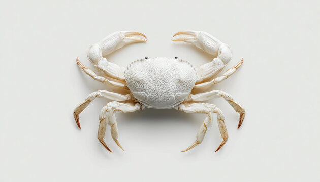 Rare albino crab with delicate translucent shell and claws, isolated on a pristine white background