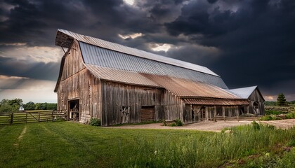 Obraz premium a large old barn with a dark stormy sky in the background