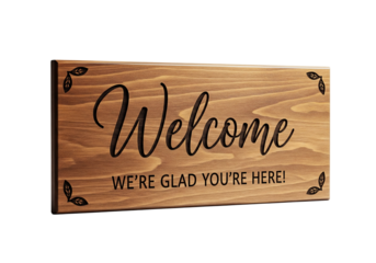 Wooden welcome sign with decorative elements. The sign features a warm brown color and elegant script. Ideal for home decor or hospitality settings.