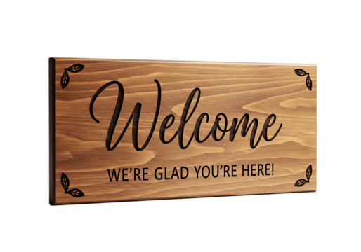 Wooden welcome sign with decorative elements. The sign features a warm brown color and elegant script. Ideal for home decor or hospitality settings.