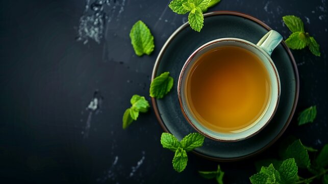 top view of fresh mint tea in cup with leaves on dark background