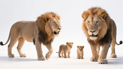 Obraz premium A majestic lion family, including two adult lions and two cubs, walking confidently on a white background. The image captures their strength and familial bond.