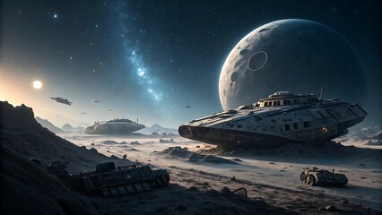 A sleek spaceship glides silently over the blue globe, a tiny star against the vast, dark universe