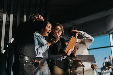 A diverse group of business people enthusiastically examining content on a digital tablet in a well-lit office, conveying concepts of teamwork, success, and innovation.
