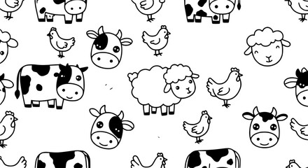 Fototapeta premium Farm animals seamless pattern — cow, sheep, hen — cute vector icon style, no more than 2 colors