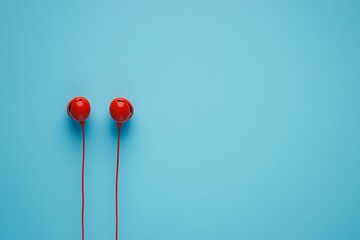 The image depicts a top view of a smartphone and red headphones on a blue background, embodying a travel theme with ample copy space
